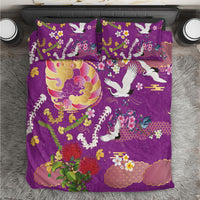 Hawaiian and Japanese Culture Together Bedding Set Kakau Tribal Pattern and Irezumi Art Purple Color