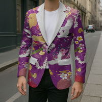 Hawaiian and Japanese Culture Together Blazer Kakau Tribal Pattern and Irezumi Art Purple Color