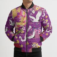 Hawaiian and Japanese Culture Together Bomber Puffer Jacket Kakau Tribal Pattern and Irezumi Art Purple Color