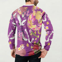 Hawaiian and Japanese Culture Together Button Sweatshirt Kakau Tribal Pattern and Irezumi Art Purple Color