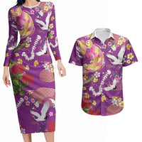 Hawaiian and Japanese Culture Together Couples Matching Long Sleeve Bodycon Dress and Hawaiian Shirt Kakau Tribal Pattern and Irezumi Art Purple Color