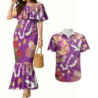 Hawaiian and Japanese Culture Together Couples Matching Mermaid Dress and Hawaiian Shirt Kakau Tribal Pattern and Irezumi Art Purple Color