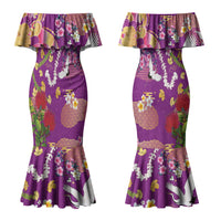 Hawaiian and Japanese Culture Together Couples Matching Mermaid Dress and Long Sleeve Button Shirt Kakau Tribal Pattern and Irezumi Art Purple Color