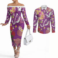 Hawaiian and Japanese Culture Together Couples Matching Off The Shoulder Long Sleeve Dress and Long Sleeve Button Shirt Kakau Tribal Pattern and Irezumi Art Purple Color