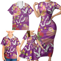 Hawaiian and Japanese Culture Together Family Matching Short Sleeve Bodycon Dress and Hawaiian Shirt Kakau Tribal Pattern and Irezumi Art Purple Color