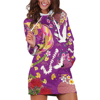 Hawaiian and Japanese Culture Together Hoodie Dress Kakau Tribal Pattern and Irezumi Art Purple Color