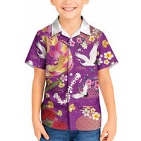 Hawaiian and Japanese Culture Together Kid Hawaiian Shirt Kakau Tribal Pattern and Irezumi Art Purple Color