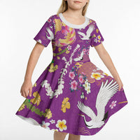 Hawaiian and Japanese Culture Together Kid Short Sleeve Dress Kakau Tribal Pattern and Irezumi Art Purple Color