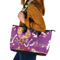 Hawaiian and Japanese Culture Together Leather Tote Bag Kakau Tribal Pattern and Irezumi Art Purple Color