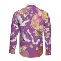 Hawaiian and Japanese Culture Together Long Sleeve Button Shirt Kakau Tribal Pattern and Irezumi Art Purple Color LT03 - Polynesian Pride