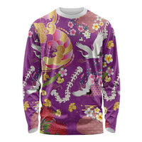 Hawaiian and Japanese Culture Together Long Sleeve Shirt Kakau Tribal Pattern and Irezumi Art Purple Color