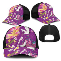 Hawaiian and Japanese Culture Together Mesh Trucker Cap Kakau Tribal Pattern and Irezumi Art Purple Color