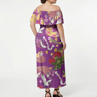 Hawaiian and Japanese Culture Together Off Shoulder Maxi Dress Kakau Tribal Pattern and Irezumi Art Purple Color