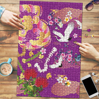 Hawaiian and Japanese Culture Together Puzzle Kakau Tribal Pattern and Irezumi Art Purple Color