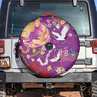 Hawaiian and Japanese Culture Together Spare Tire Cover Kakau Tribal Pattern and Irezumi Art Purple Color