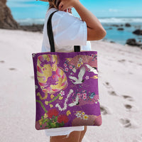 Hawaiian and Japanese Culture Together Tote Bag Kakau Tribal Pattern and Irezumi Art Purple Color
