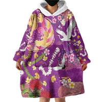 Hawaiian and Japanese Culture Together Wearable Blanket Hoodie Kakau Tribal Pattern and Irezumi Art Purple Color