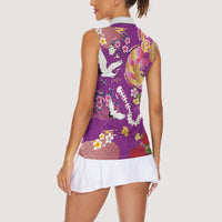 Hawaiian and Japanese Culture Together Women Sleeveless Polo Shirt Kakau Tribal Pattern and Irezumi Art Purple Color