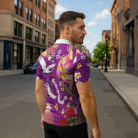 Hawaiian and Japanese Culture Together Zipper Polo Shirt Kakau Tribal Pattern and Irezumi Art Purple Color