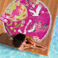 Hawaiian and Japanese Culture Together Beach Blanket Kakau Tribal Pattern and Irezumi Art Pink Color