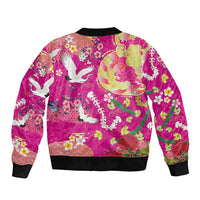 Hawaiian and Japanese Culture Together Bomber Jacket Kakau Tribal Pattern and Irezumi Art Pink Color