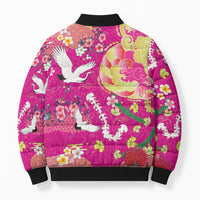 Hawaiian and Japanese Culture Together Bomber Puffer Jacket Kakau Tribal Pattern and Irezumi Art Pink Color