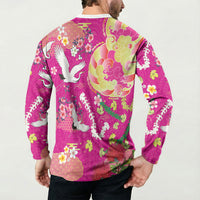 Hawaiian and Japanese Culture Together Button Sweatshirt Kakau Tribal Pattern and Irezumi Art Pink Color