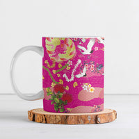 Hawaiian and Japanese Culture Together Ceramic Mug Kakau Tribal Pattern and Irezumi Art Pink Color
