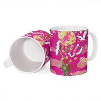 Hawaiian and Japanese Culture Together Ceramic Mug Kakau Tribal Pattern and Irezumi Art Pink Color