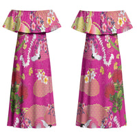 Hawaiian and Japanese Culture Together Couples Matching Off Shoulder Maxi Dress and Long Sleeve Button Shirt Kakau Tribal Pattern and Irezumi Art Pink Color