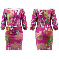 Hawaiian and Japanese Culture Together Couples Matching Off The Shoulder Long Sleeve Dress and Hawaiian Shirt Kakau Tribal Pattern and Irezumi Art Pink Color