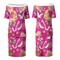 Hawaiian and Japanese Culture Together Couples Matching Puletasi and Long Sleeve Button Shirt Kakau Tribal Pattern and Irezumi Art Pink Color