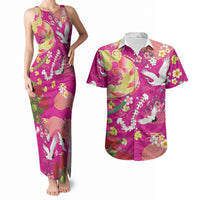 Hawaiian and Japanese Culture Together Couples Matching Tank Maxi Dress and Hawaiian Shirt Kakau Tribal Pattern and Irezumi Art Pink Color