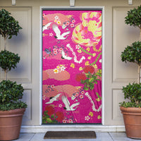 Hawaiian and Japanese Culture Together Door Cover Kakau Tribal Pattern and Irezumi Art Pink Color