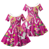 Hawaiian and Japanese Culture Together Family Matching Long Sleeve Bodycon Dress and Hawaiian Shirt Kakau Tribal Pattern and Irezumi Art Pink Color