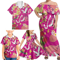 Hawaiian and Japanese Culture Together Family Matching Off Shoulder Maxi Dress and Hawaiian Shirt Kakau Tribal Pattern and Irezumi Art Pink Color