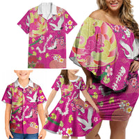 Hawaiian and Japanese Culture Together Family Matching Off Shoulder Short Dress and Hawaiian Shirt Kakau Tribal Pattern and Irezumi Art Pink Color