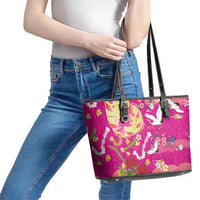 Hawaiian and Japanese Culture Together Leather Tote Bag Kakau Tribal Pattern and Irezumi Art Pink Color