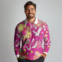Hawaiian and Japanese Culture Together Long Sleeve Polo Shirt Kakau Tribal Pattern and Irezumi Art Pink Color