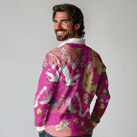 Hawaiian and Japanese Culture Together Long Sleeve Polo Shirt Kakau Tribal Pattern and Irezumi Art Pink Color
