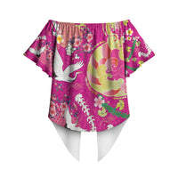 Hawaiian and Japanese Culture Together Off Shoulder Wrap Waist Top Kakau Tribal Pattern and Irezumi Art Pink Color LT03 - Polynesian Pride