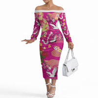 Hawaiian and Japanese Culture Together Off The Shoulder Long Sleeve Dress Kakau Tribal Pattern and Irezumi Art Pink Color