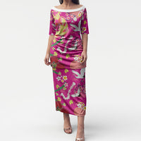 Hawaiian and Japanese Culture Together Puletasi Kakau Tribal Pattern and Irezumi Art Pink Color LT03 Long Dress Pink - Polynesian Pride