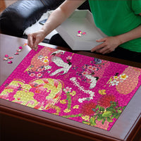 Hawaiian and Japanese Culture Together Puzzle Kakau Tribal Pattern and Irezumi Art Pink Color