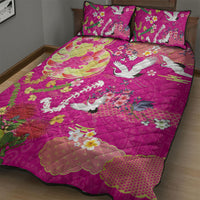 Hawaiian and Japanese Culture Together Quilt Bed Set Kakau Tribal Pattern and Irezumi Art Pink Color