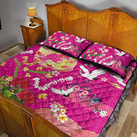 Hawaiian and Japanese Culture Together Quilt Bed Set Kakau Tribal Pattern and Irezumi Art Pink Color