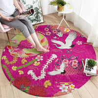 Hawaiian and Japanese Culture Together Round Carpet Kakau Tribal Pattern and Irezumi Art Pink Color