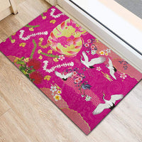 Hawaiian and Japanese Culture Together Rubber Doormat Kakau Tribal Pattern and Irezumi Art Pink Color