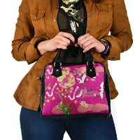Hawaiian and Japanese Culture Together Shoulder Handbag Kakau Tribal Pattern and Irezumi Art Pink Color