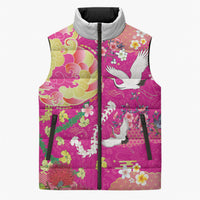 Hawaiian and Japanese Culture Together Sleeveless Puffer Jacket Kakau Tribal Pattern and Irezumi Art Pink Color